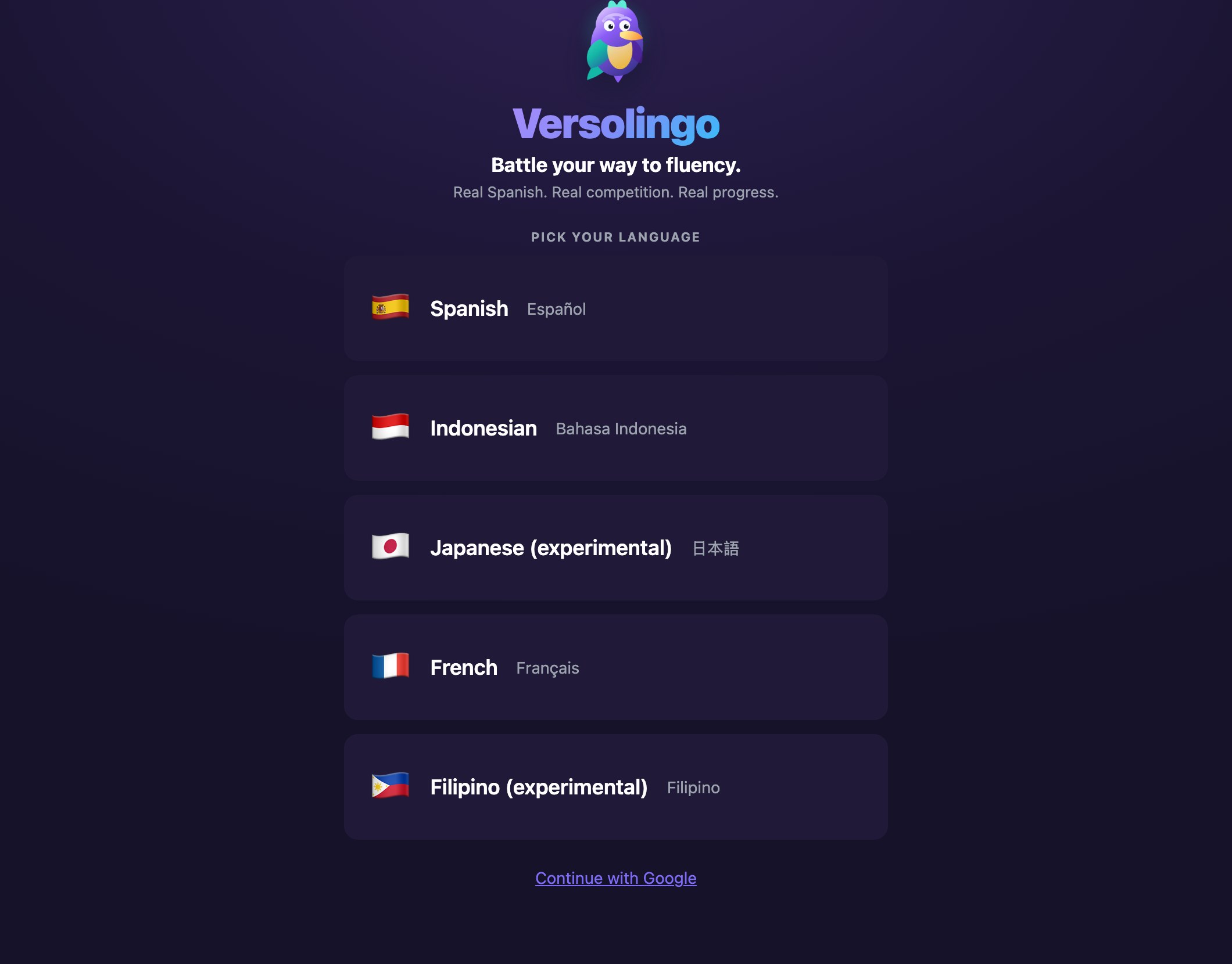 Versolingo running in a browser, showing the language picker with Spanish, Indonesian, Japanese, French and Filipino.
